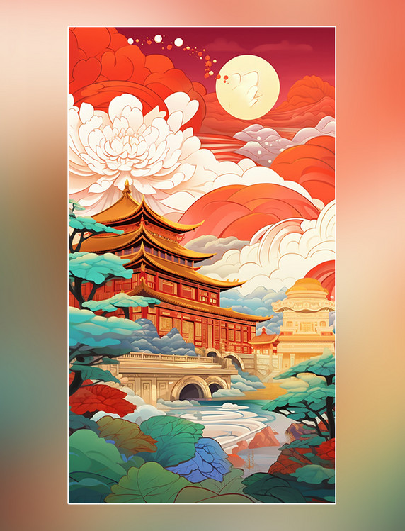 中国风迷幻漫画扁平风插画建筑国庆节中国北京长城和天坛