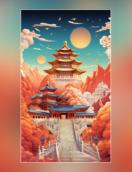 扁平风插画中国风建筑国庆节中国北京长城天坛