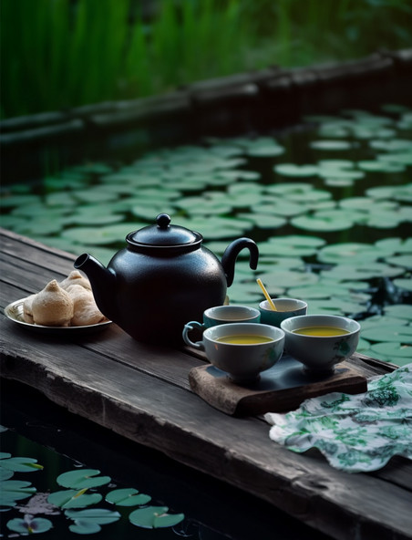茶艺茶具池塘盛夏摄影图中式庭院夏天夏季
