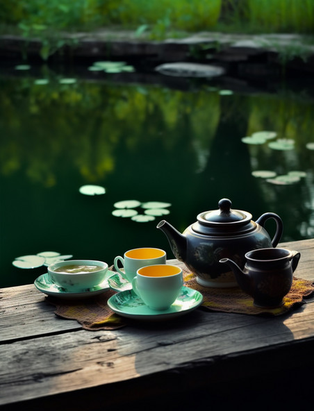 茶具茶艺夏天小溪边惬意茶具摄影图中式庭院夏天夏季