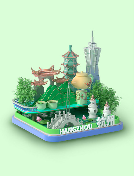 c4d立体卡通杭州城市风景建筑模型