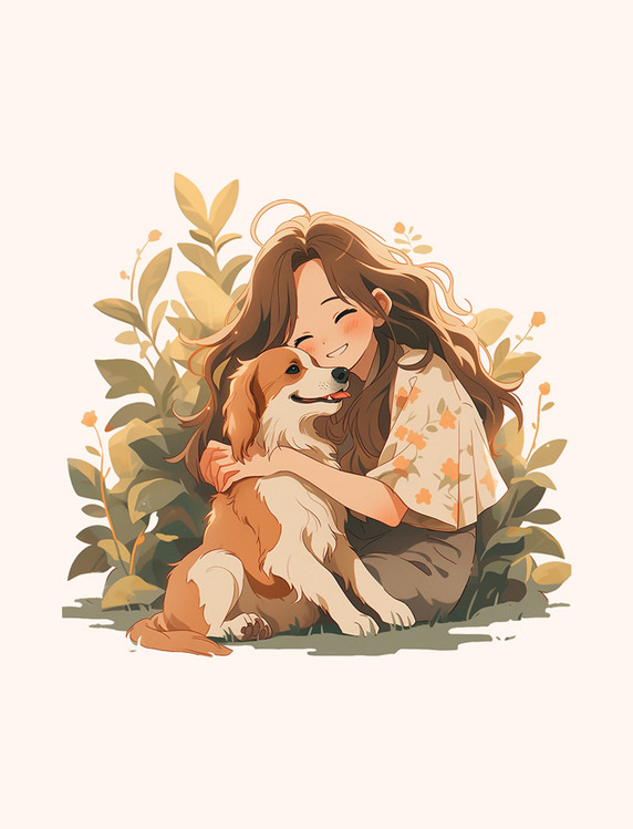 有爱宠物互动温馨自然简易插画元