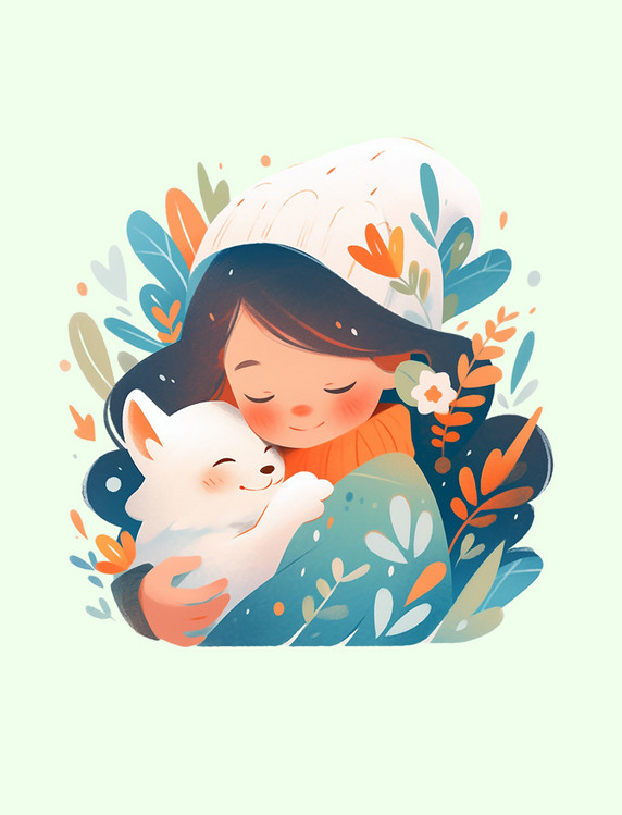 温馨宠物互动自然有爱简易插画元素