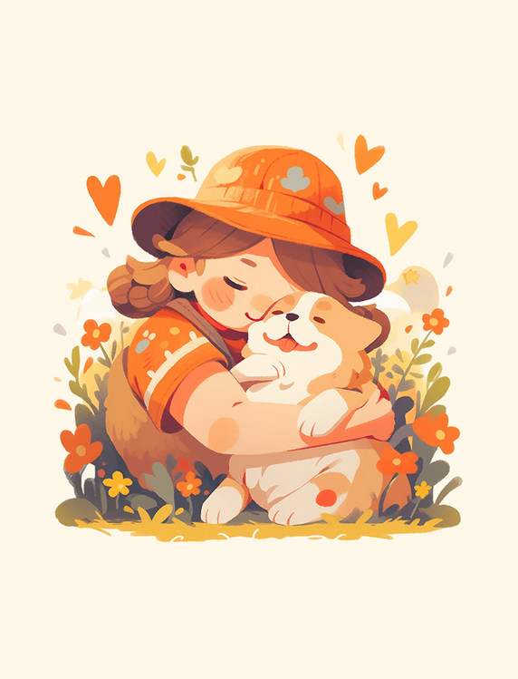 有爱宠物互动温馨自然简易插画元素