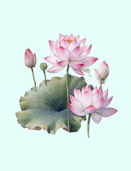 水彩植物粉红色的荷花和荷叶水彩画插图