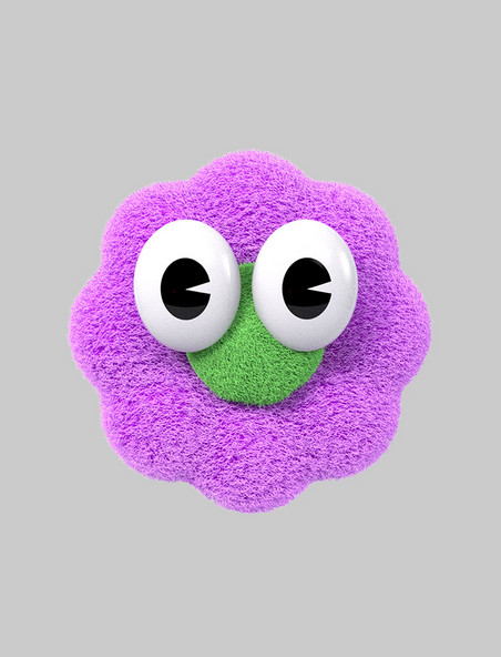 3D立体绿色紫色毛茸茸膨胀可爱花朵小怪物元素