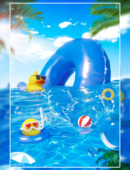 C4D狂暑季夏日夏天夏季泳池蓝色创意背景