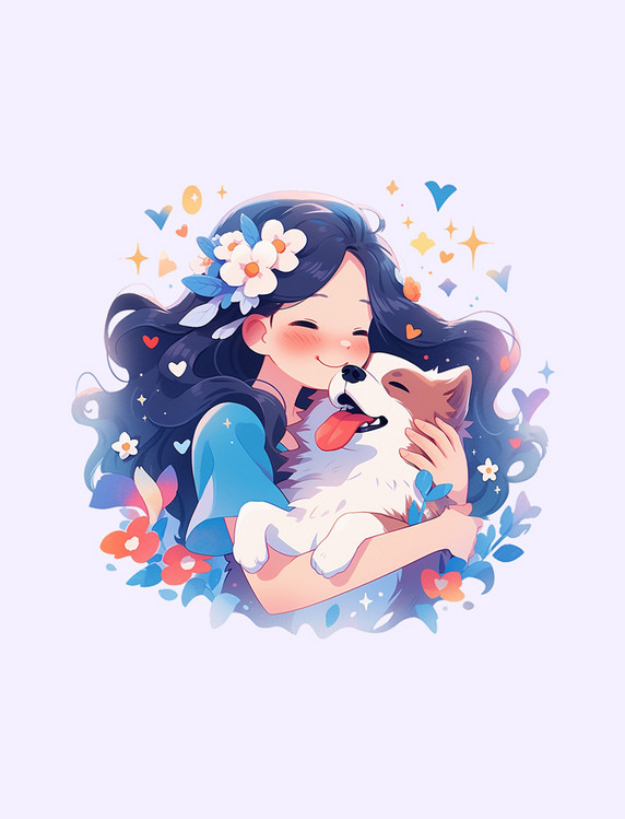 自然有爱宠物互动温馨简易插画元