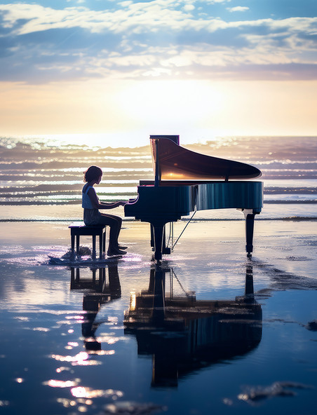海边弹钢琴高清艺术摄影乐器音乐