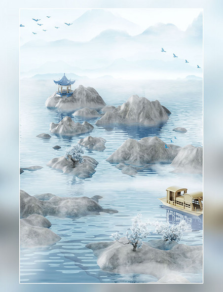 3D立体中国风山水场景国潮景色意境