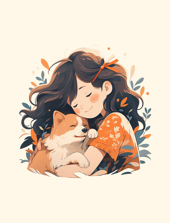 自然有爱宠物互动温馨简易插画元