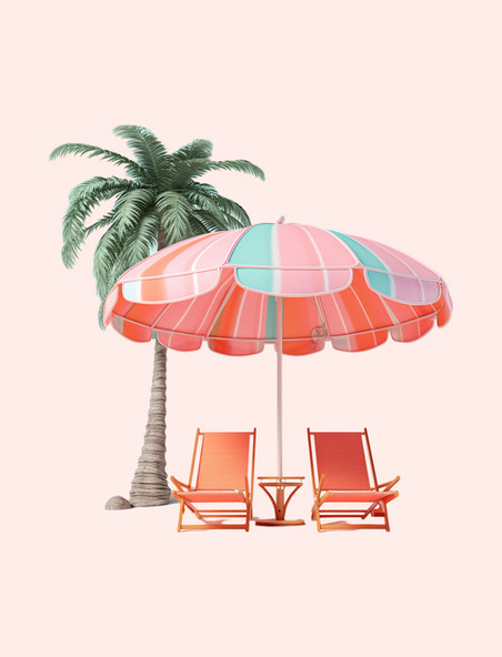 3D立体夏日场景海边椰树遮阳伞