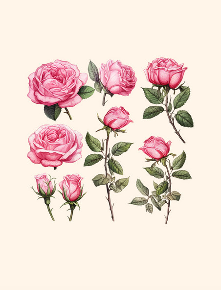 手绘粉色玫瑰植物系列