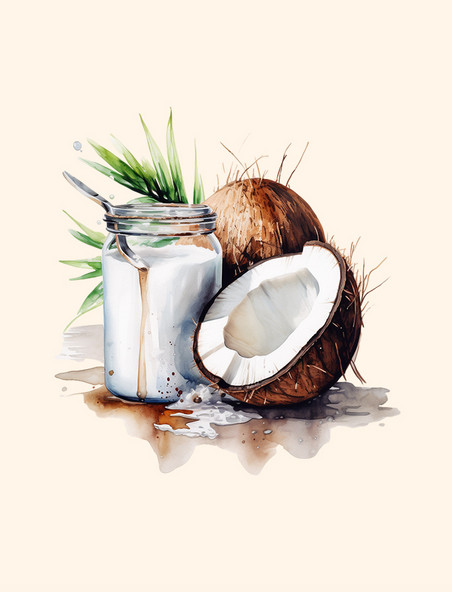 白色手绘夏季椰汁饮料美食