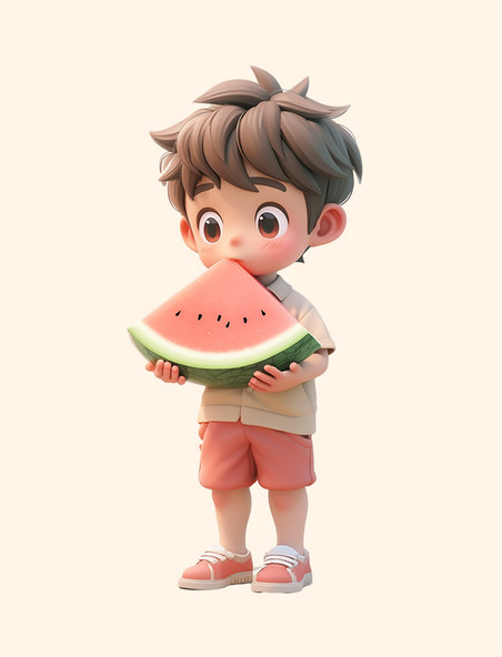 3dc4d立体人物夏天吃西瓜的小男孩