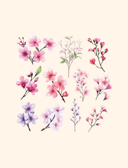 水彩画风格的桃花樱花花朵花枝植物系列