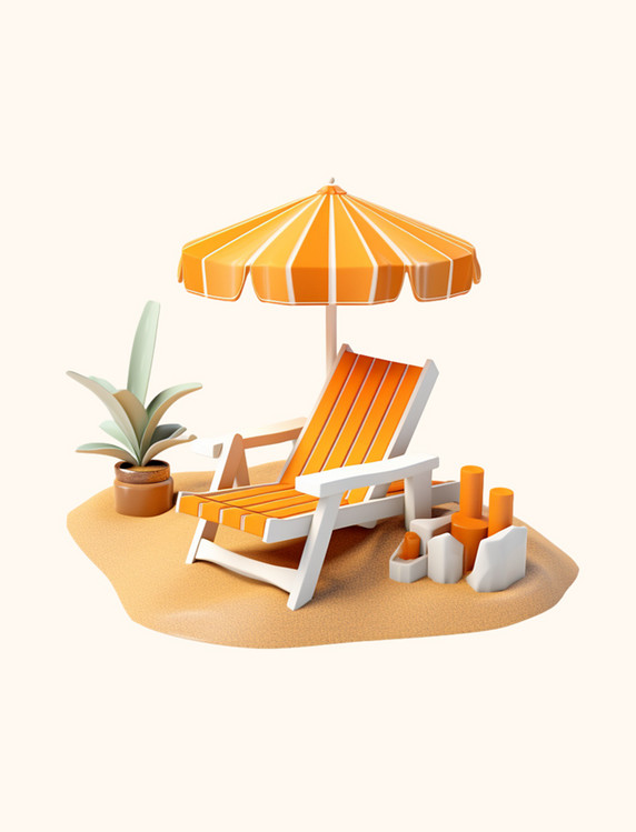 3DC4D立体夏日场景沙滩遮阳伞折叠躺椅元素