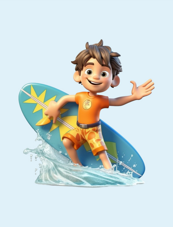夏日穿着泳装冲浪的男孩