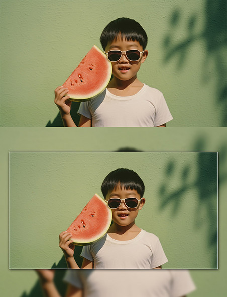 夏季吃西瓜男孩摄影图夏天人物