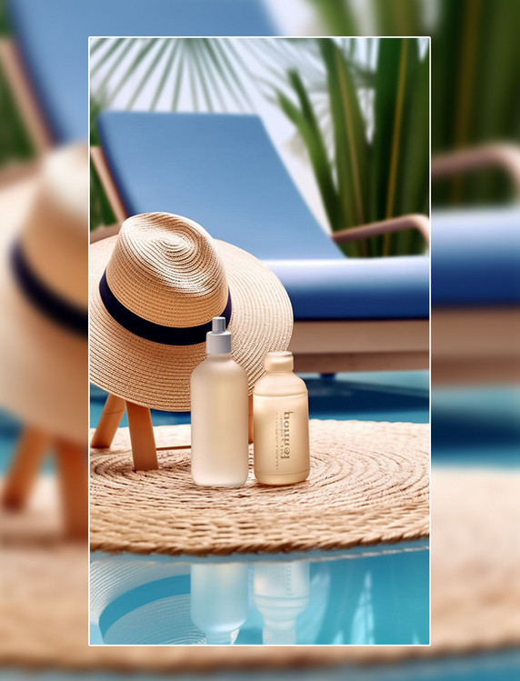 夏季撞色高级感摄影拍摄海边度假沙发遮阳帽夏天