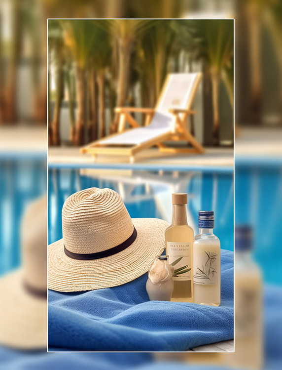 夏季撞色高级感摄影拍摄海边度假风躺椅遮阳帽夏天