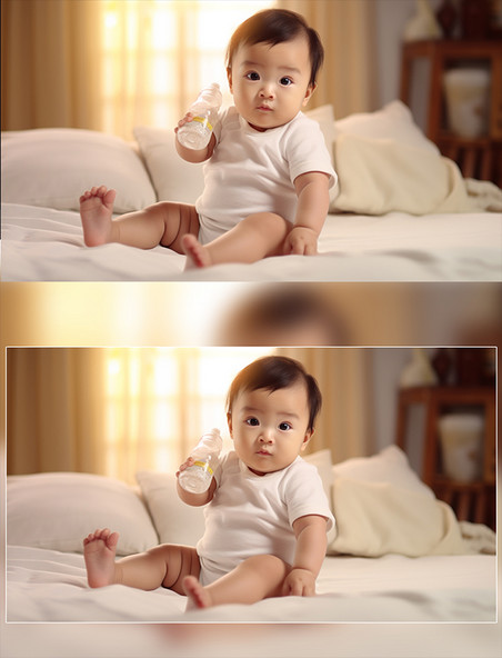 坐在床上的可爱男孩手拿奶瓶婴儿