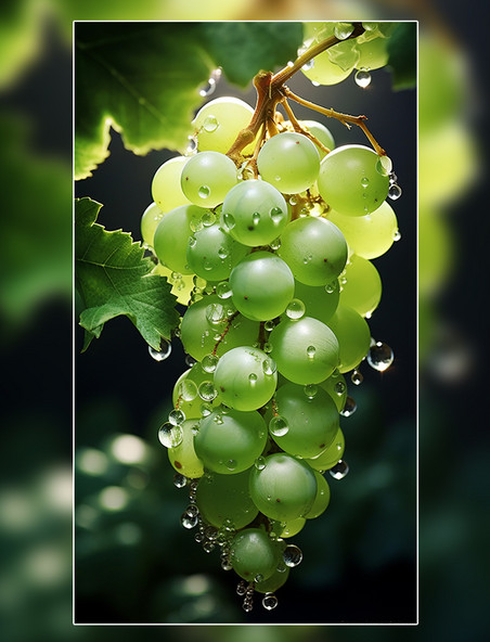 一串绿色的葡萄上面沾着水滴高清摄影图水果