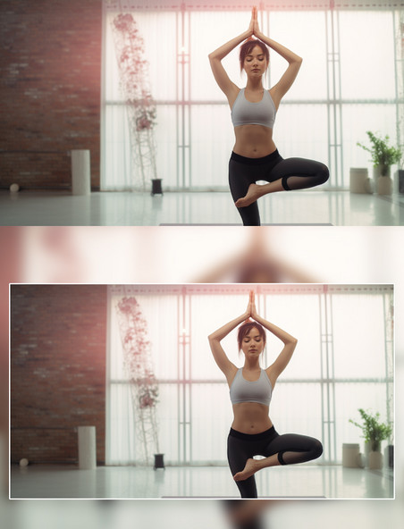 一名亚洲女性练习瑜伽站姿室内健身房高清摄影