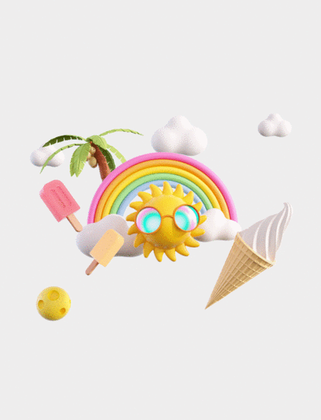 C4D夏天太阳太阳镜棒冰冰棍冰激凌彩虹椰子树立体3D动图gif