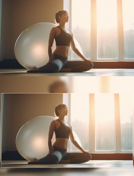 一名亚洲女子在瑜伽馆用健身球练习瑜伽高清摄影