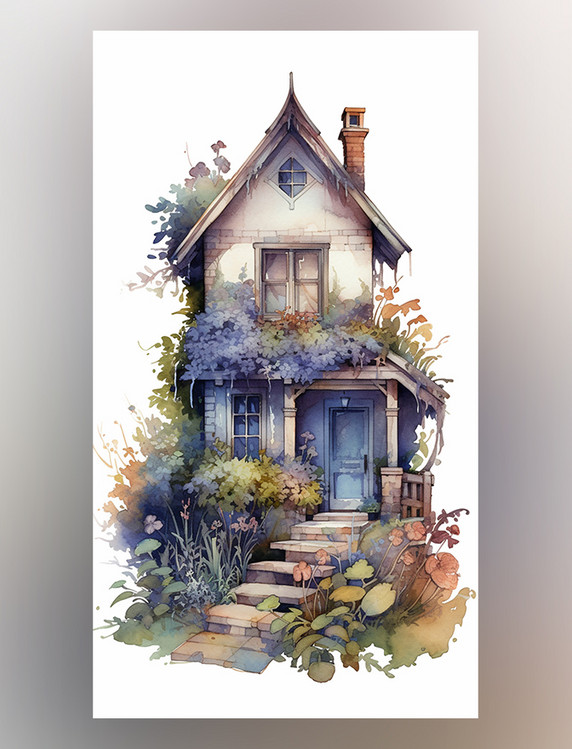 花园植物的小房子的水彩画铅笔艺术插图蓝色和米色风格海边场景