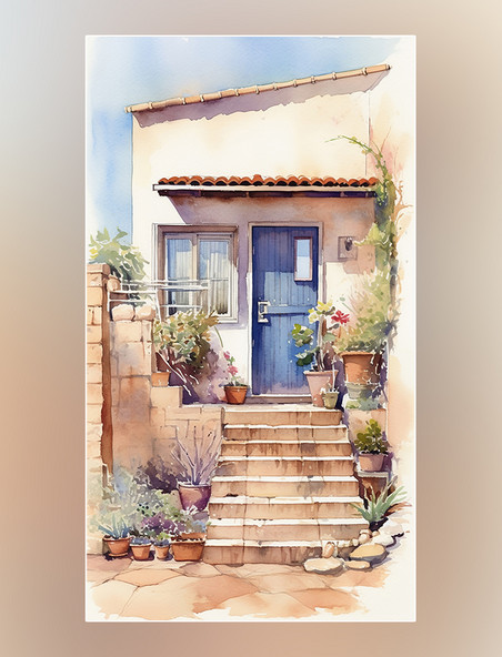 花园植物的小房子的水彩画铅笔艺术插图海边场景蓝色和米色风格
