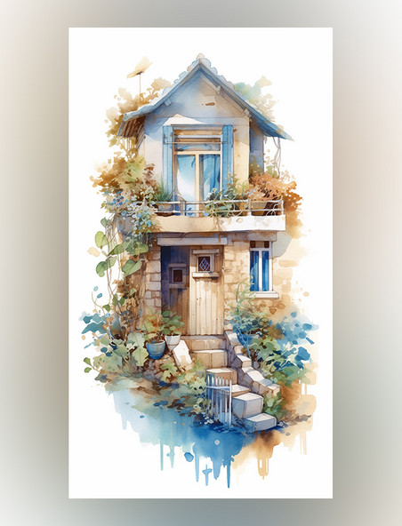 花园植物的小房子的水彩画蓝色和米色风格海边场景铅笔艺术插图