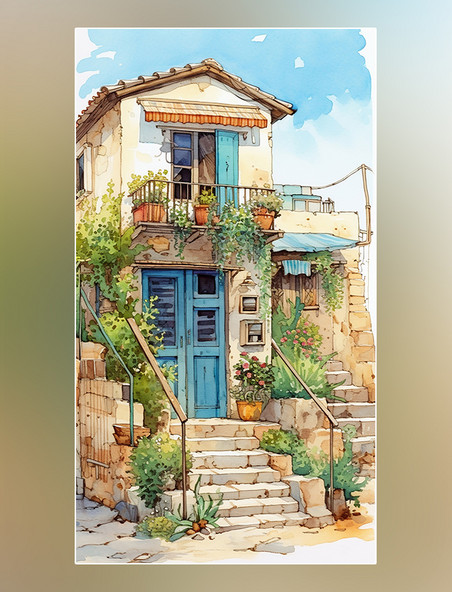 海边场景花园植物的小房子的水彩画蓝色和米色风格铅笔艺术插图
