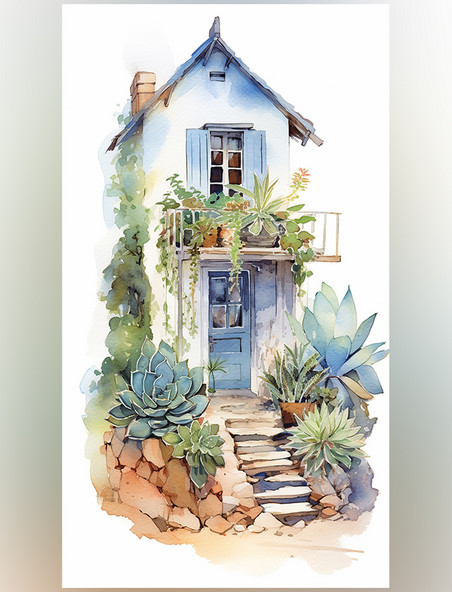 花园植物的小房子的水彩画建筑蓝色和米色风格铅笔艺术插图海边场景