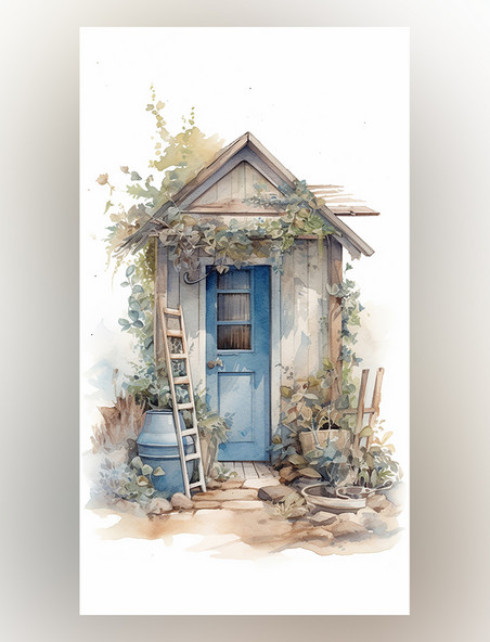花园植物的小房子的水彩画铅笔艺术插图海边场景
