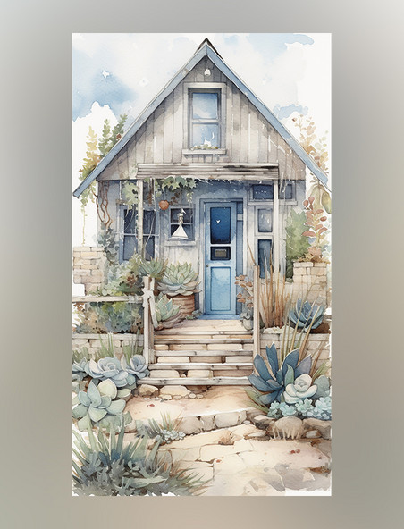 铅笔艺术插图花园植物的小房子的水彩画蓝色和米色风格