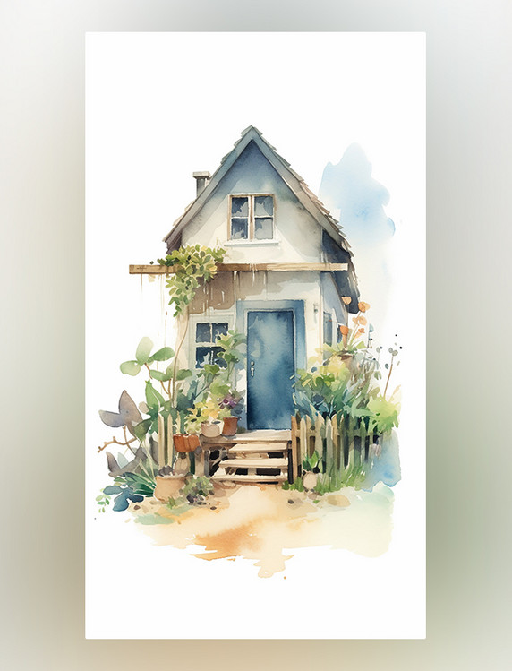 花园植物的小房子的海边场景水彩画蓝色和米色风格铅笔艺术插图