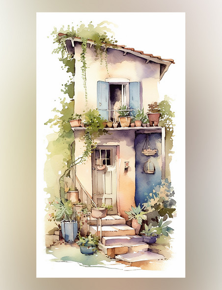 花园植物的小房子的水彩画蓝色和米色风格