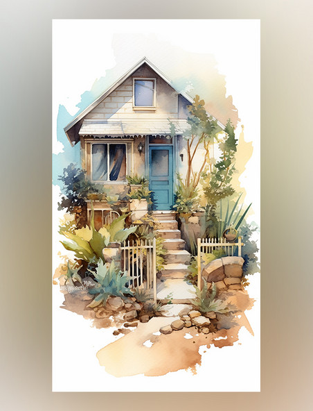 建筑花园植物的小房子的水彩画蓝色和米色风格铅笔艺术插图海边场景