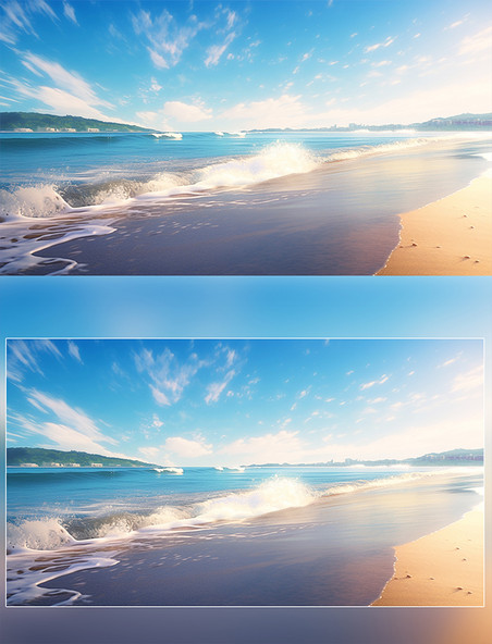 夏天夏季天气晴朗蔚蓝的大海和金黄的沙滩高清摄影图