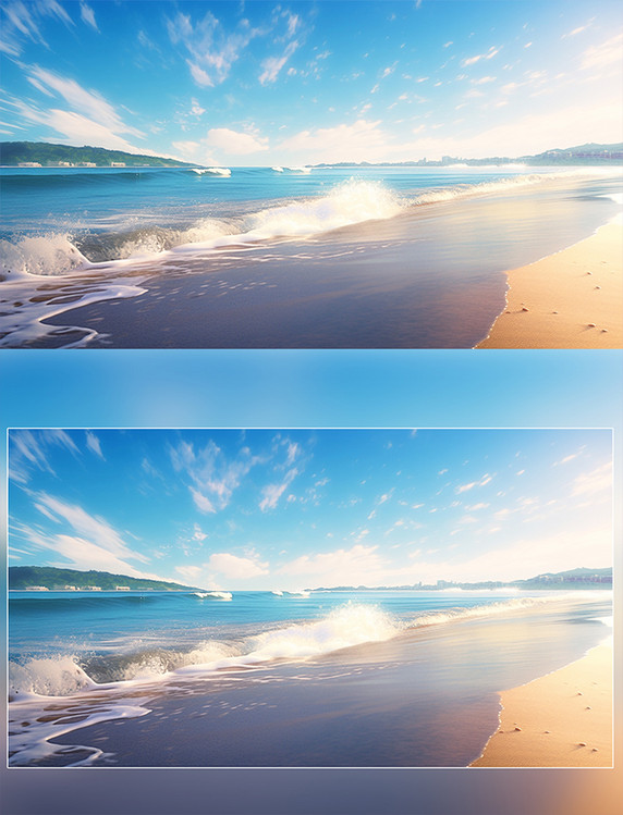 夏天夏季天气晴朗蔚蓝的大海和金黄的沙滩高清摄影图