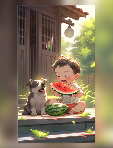 夏天一个小女孩正在农村的院子里吃西瓜很可爱很新鲜绿色插画