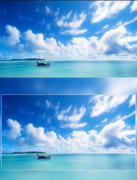 明亮的海边碧蓝的海面上一艘小船高清摄影图