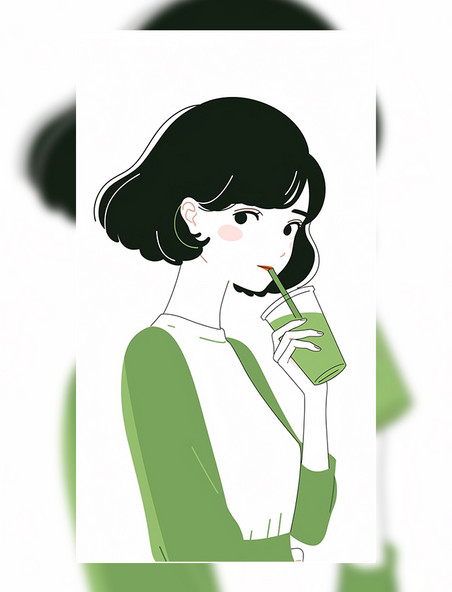 茶饮类人物头像短发女孩喝茶