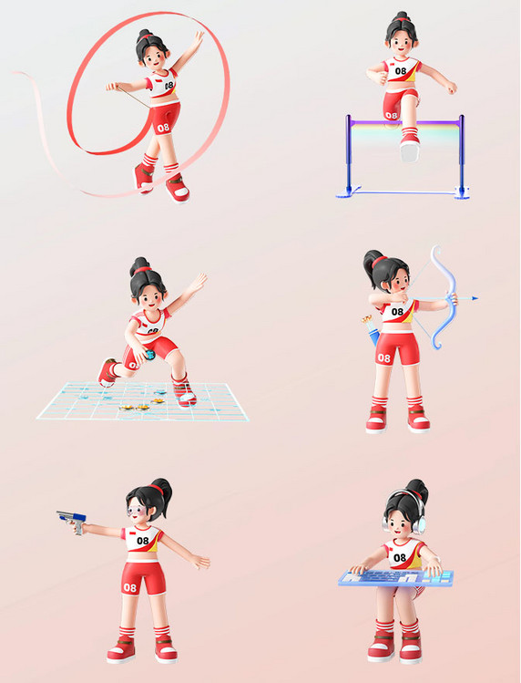 运动会3D立体女运动员人物比赛项目套图形象亚运会