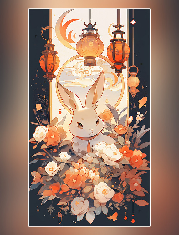可爱的兔子月饼月亮灯笼扁平插画创意插画中秋节中国传统节日