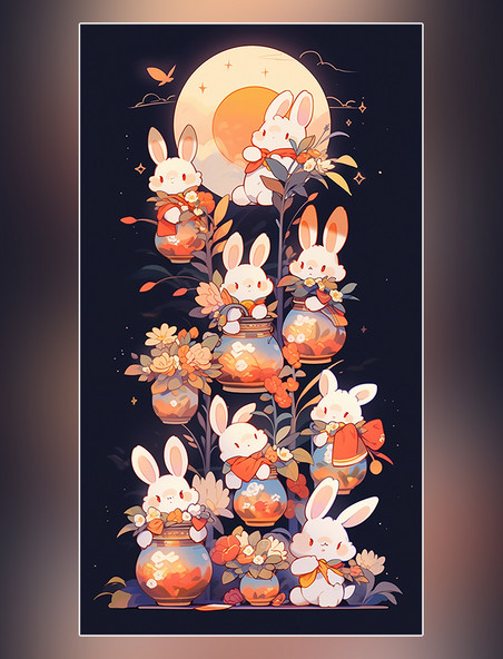 创意插画中秋节中国传统节日可爱的兔子月饼月亮灯笼扁平插画