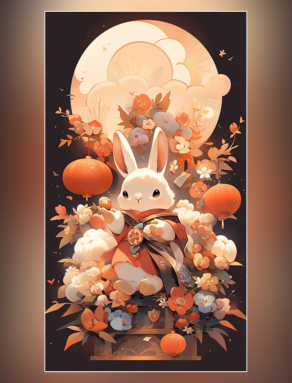 中国传统节日可爱的兔子月饼月亮灯笼扁平插画创意插画中秋节