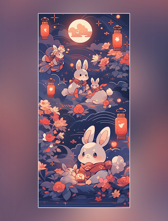 中秋节中国传统节日扁平插画创意插画可爱的兔子月饼月亮灯笼